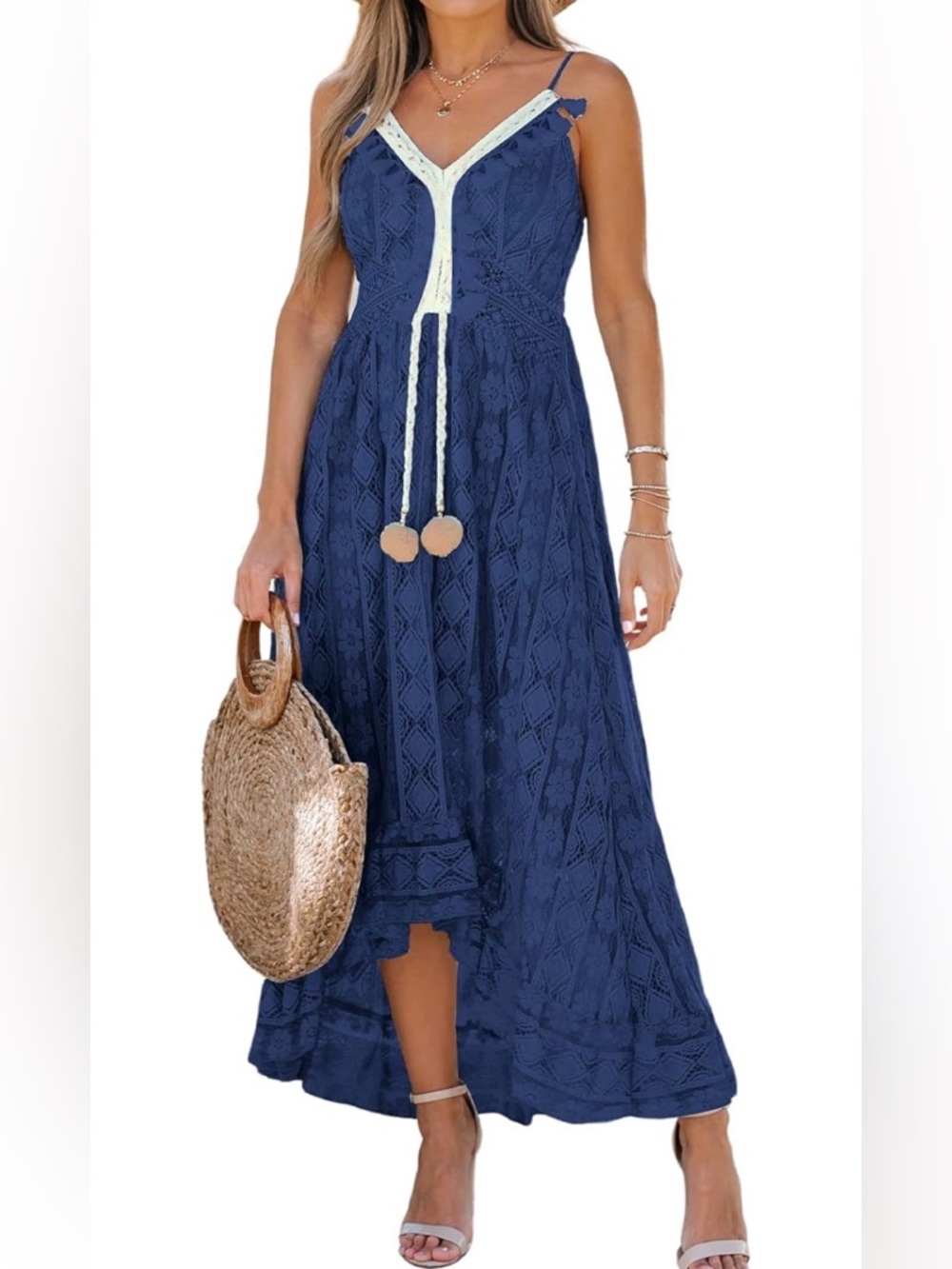 Women’s Navy Lace Maxi Dress with Contrast Trim NEW - Picture 4 of 7